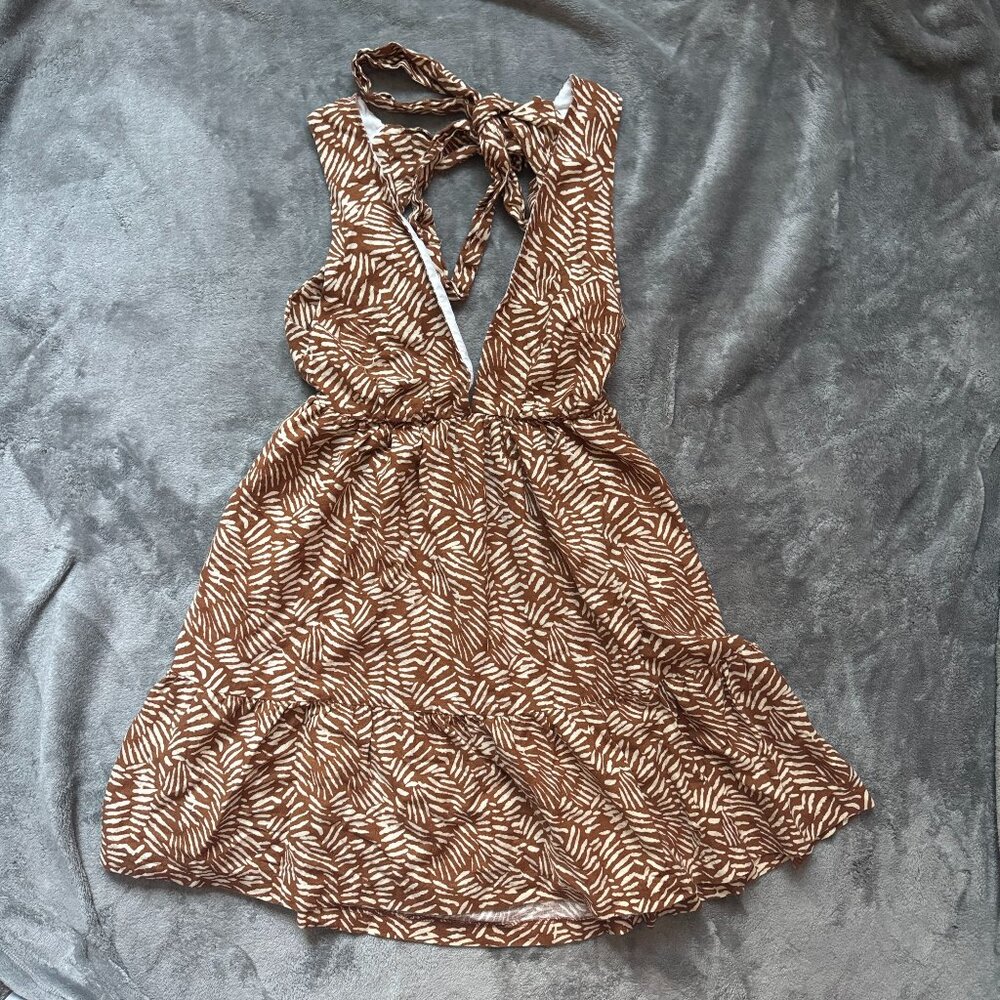 House of Harlow 1960 Brown Animal Print Mini Dress Womens Linen-Blend w/ Pockets